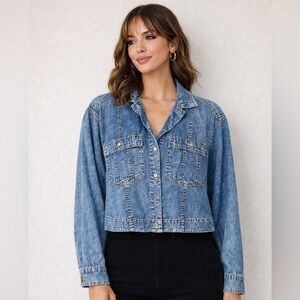 Vintage Lizwear Denim Shirt Jacket Cropped Peplum Stone Wash Lightweight 90s M